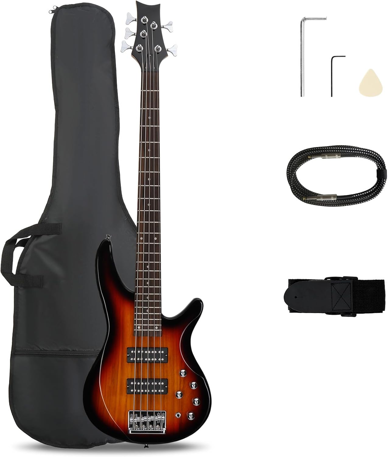 Power Tools Total - 5-Saitige E-Bass-Gitarre, Standardgröße für Rechtshänder, Palisander-Griffbrett,